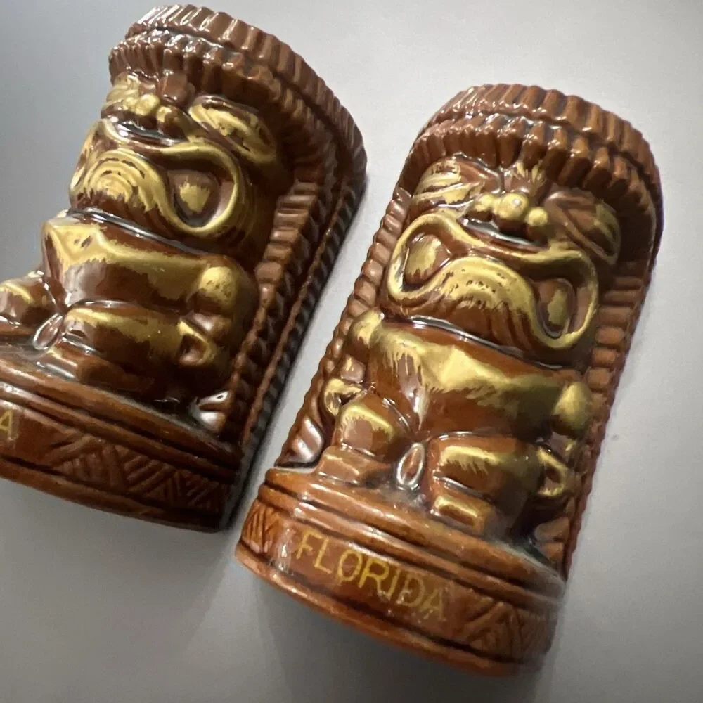 Vintage Brown Glaze Red Clay Tiki Salt & Pepper Shaker Set “Florida” 3.25” Japan